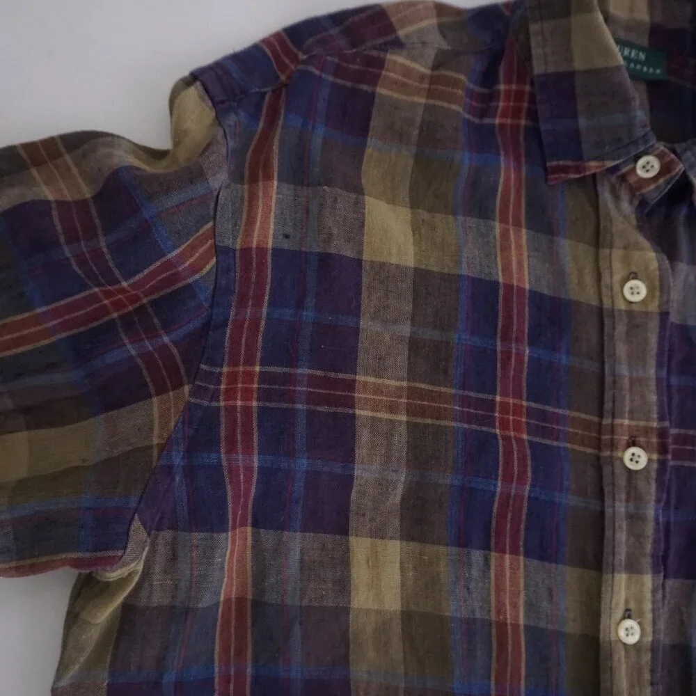 Lauren Ralph Lauren Purple Maroon Plaid Linen Blend Button Up Shirt M - Picture 10 of 12